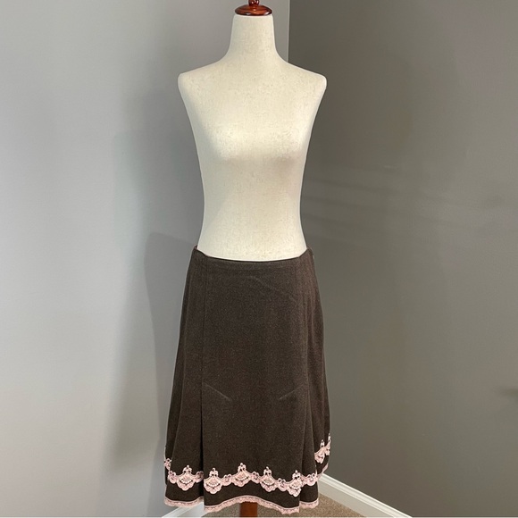 Y2K Express Wool Blend A Line Sequin Beaded Skirt Size 6 Brown & Blush Pink - Picture 2 of 13